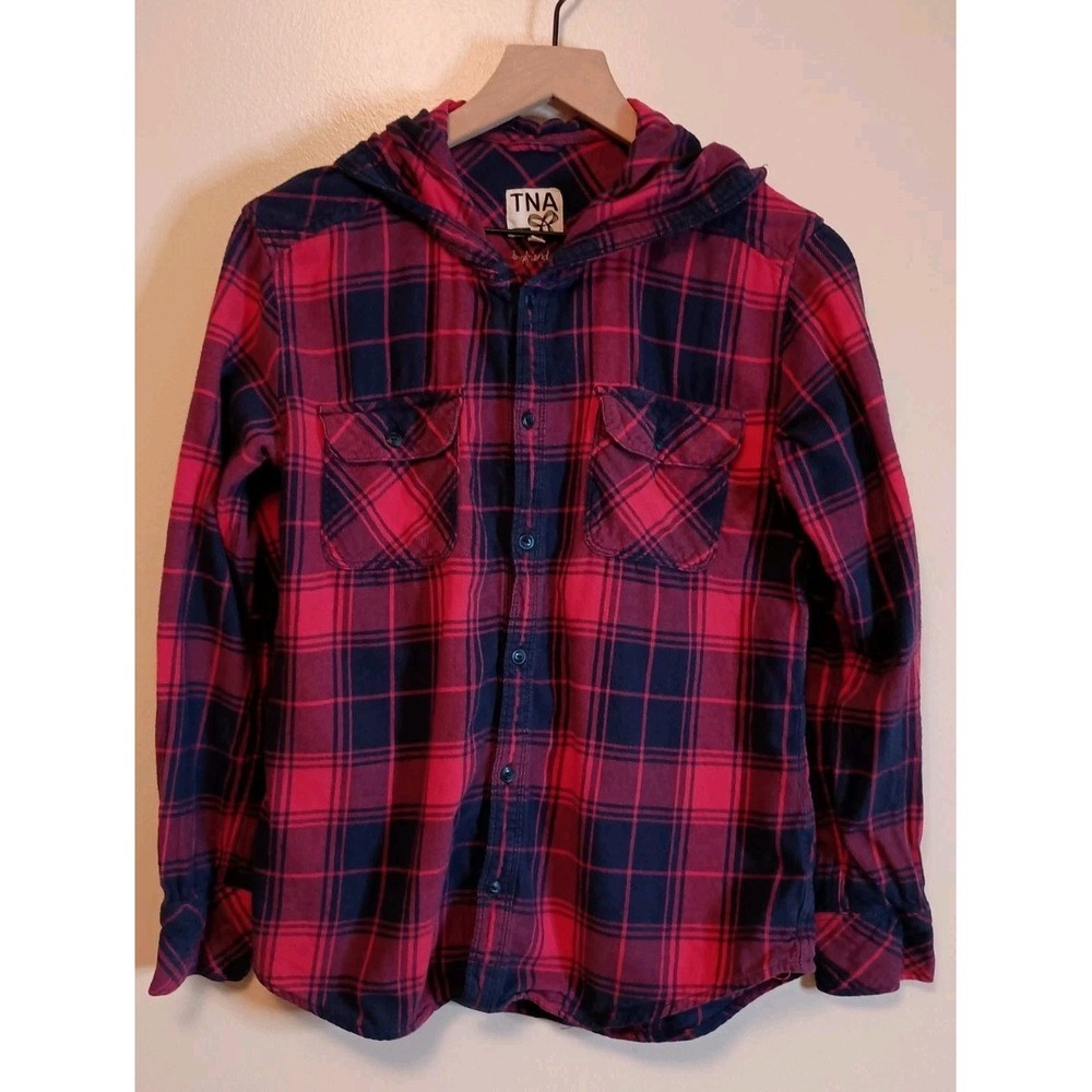 Aritzia TNA Hooded Boyfriend‎ Fit Flannel Shirt Pink Navy Plaid Small Cozy Layer